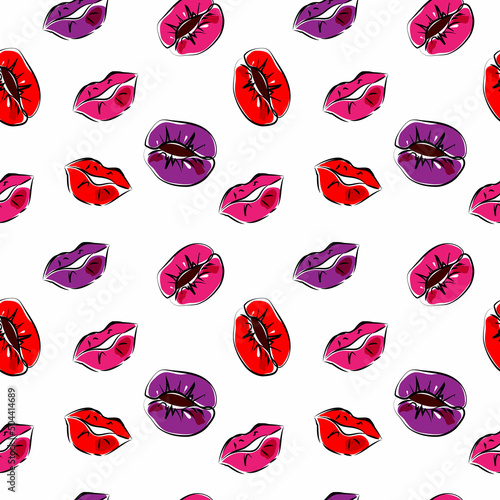Seamless kissing pattern, hand-drawn doodle. World Kiss Day. July 6. Kisses of different colors. Lip prints of different people, races, genders.