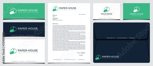 Paper house logo with stationery, business card and social media banner designs
