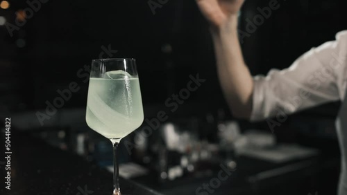 Experienced bartender making alcoholic cocktail in the stylish bar
