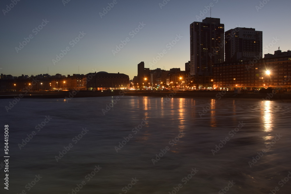 View of the city from the ocean at night, Mar del Plata. Buenos Aires, Argentina