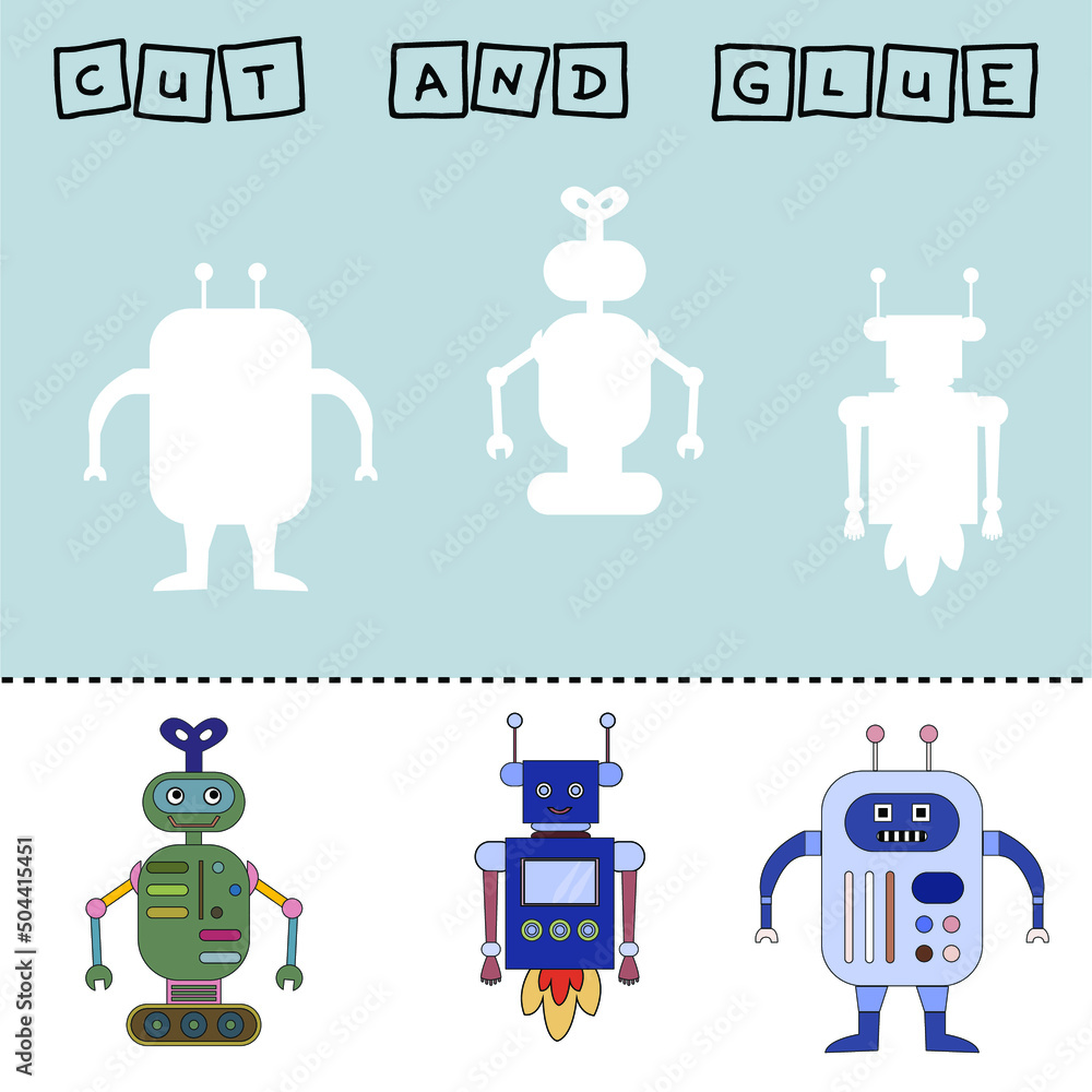 Paper game for the development of preschoolers. Cut out parts of the image and glue the robot. Fun game for kids and kids Paper game for the development of preschoolers. Cut out parts of the image and glue the robot. Fun game for kids and kids