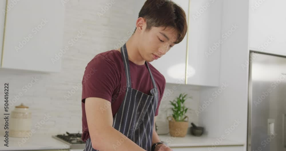 Asian male teenager preparing food and wearing apron in kitchen Asian male teenager preparing food and wearing apron in kitchen