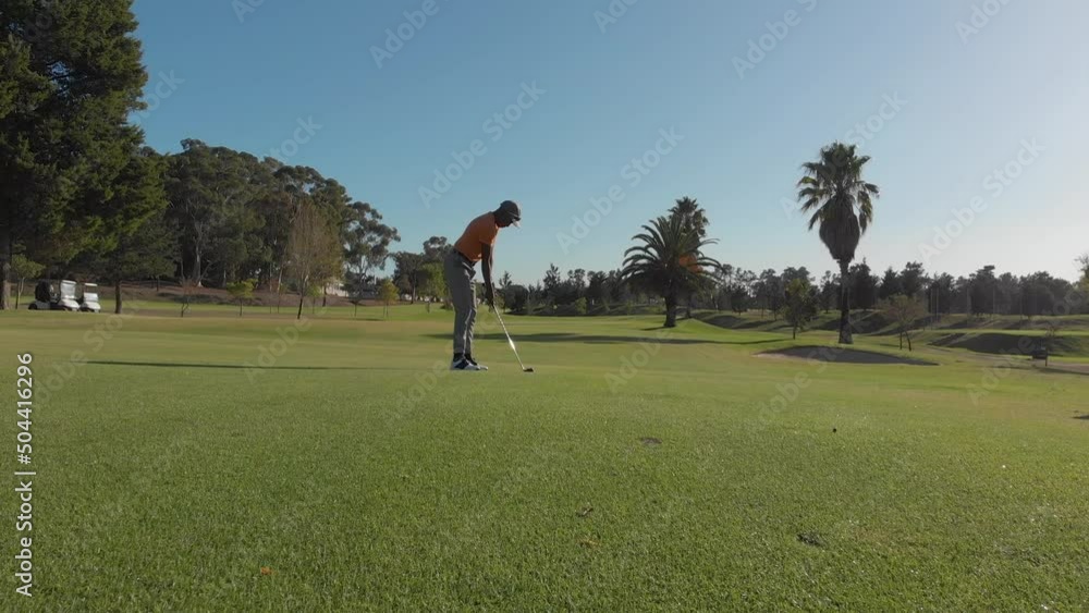 Two diverse male golf players playing golf at golf course on sunny day Two diverse male golf players playing golf at golf course on sunny day