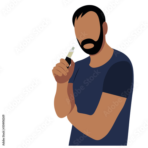 Faceless portrait of a indian bearded man with an electronic cigarette in his hand, a flat vector on a white background, a faceless illustration