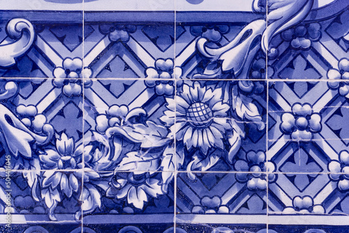 Image on national portuguese blue azulejo tile detail close up