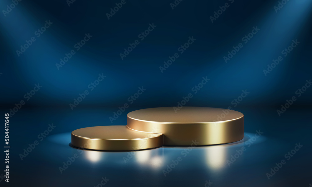 Golden colour cylindrical podiums with various heights. 3d computer graphic template of displaying place for your products. Golden colour cylindrical podiums with various heights. 3d computer graphic template of displaying place for your products.