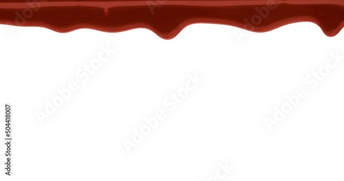 Thick red liquid is slowly dripping from the top of the frame. Isolated on white background.