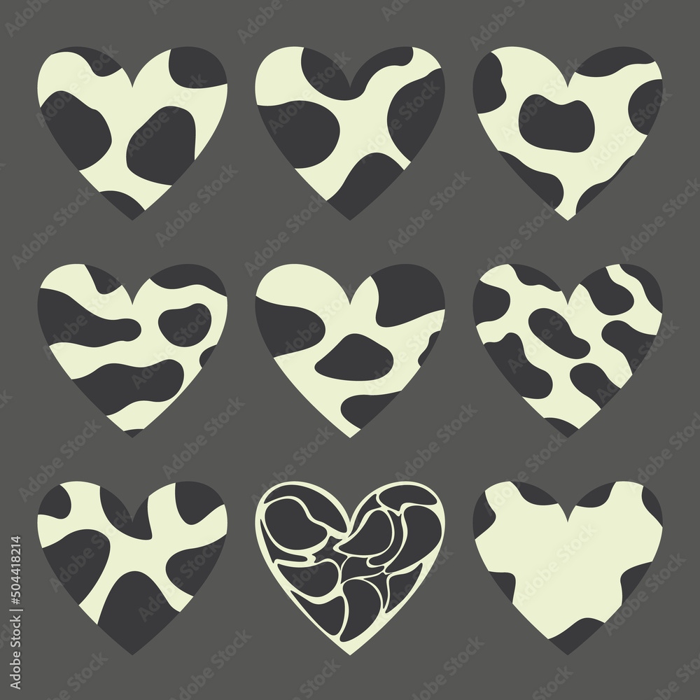Fototapeta premium An illustration of nine hearts with spots like cows.