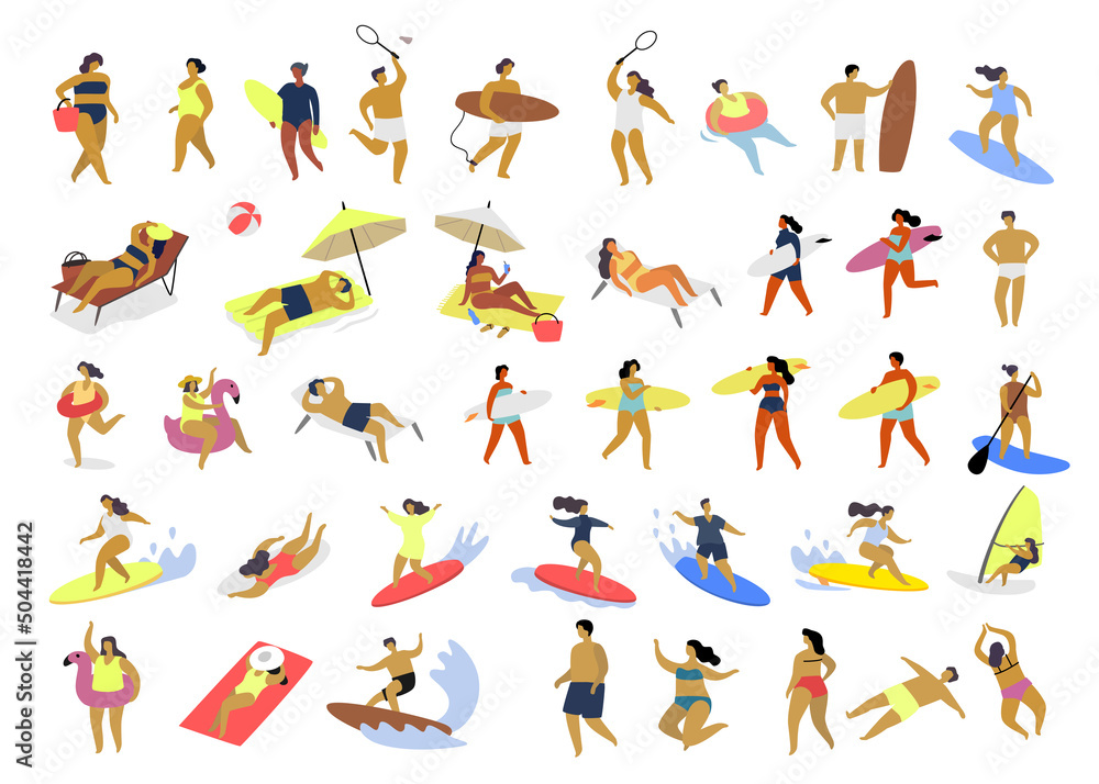 People on vacation beach collection. Summer holidays set. - obrazy, fototapety, plakaty 