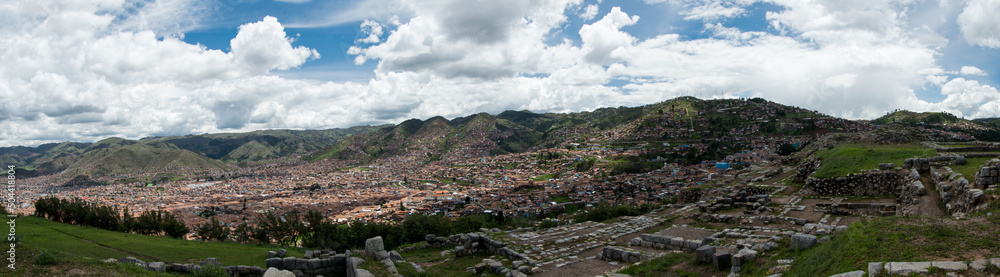 Naklejka premium Cusco, Panoramic view of the centre of Cusco city with the Cathedral