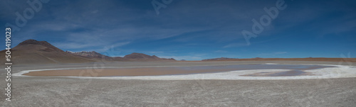 Colorado lagoon, lake with reddish waters in the Salar Uyuni, Bolivian altiplano