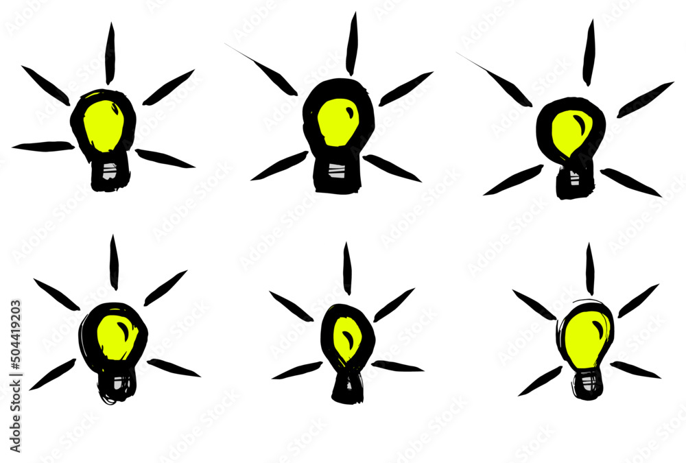 Obraz premium Set of Bulb icon. Colored outline sketch drawing. Vector simple flat graphic hand drawn illustration.