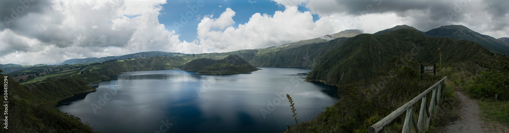 The gorgeous blue Cuicocha lake inside the crater of Cotacachi volcano as seen from the best viewpoint of the hike
