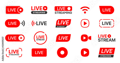Live streaming icon set. Set of live stream icons. Set of video broadcasting icon.. Button, red symbols for TV, news, movies, shows. Online stream icons.