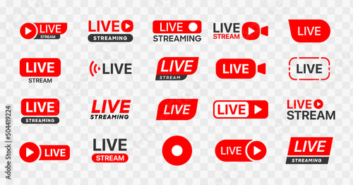 Live streaming icon set. Set of live stream icons. Set of video broadcasting icon.. Button, red symbols for TV, news, movies, shows. Online stream icons.