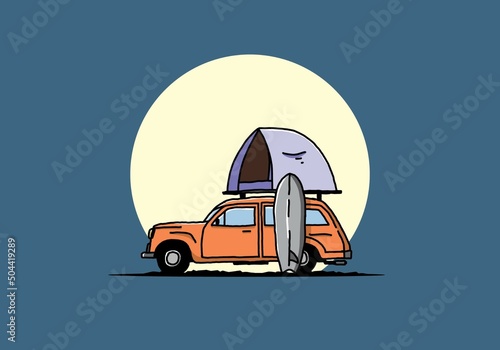 Illustration of car with a roof tent and a surfboard on the side