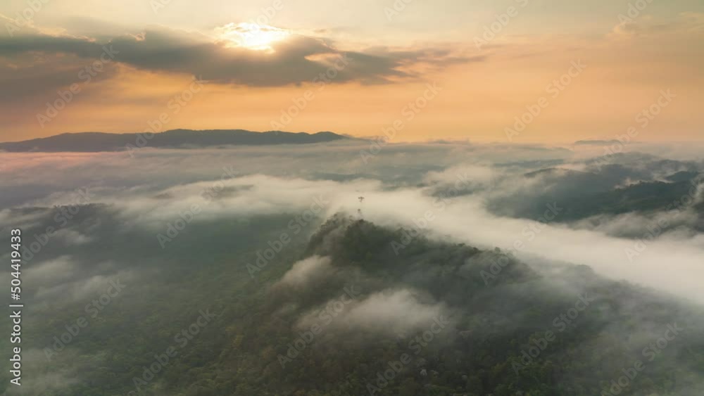 Hyper lapse video 4k motion, Aerial view Beautiful of morning scenery Golden light sunrise at Military Telecommunications center Pang Puai on high mountains. Pang Puai, Mae Mo, Lampang, Thailand. Hyper lapse video 4k motion, Aerial view Beautiful of morning scenery Golden light sunrise at Military Telecommunications center Pang Puai on high mountains. Pang Puai, Mae Mo, Lampang, Thailand.