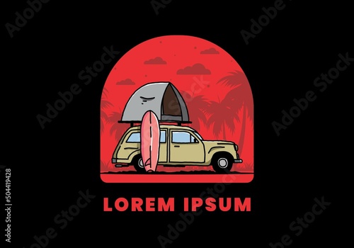 Illustration of car with a roof tent and a surfboard on the side