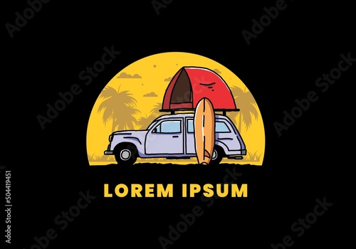 Illustration of car with a roof tent and a surfboard on the side