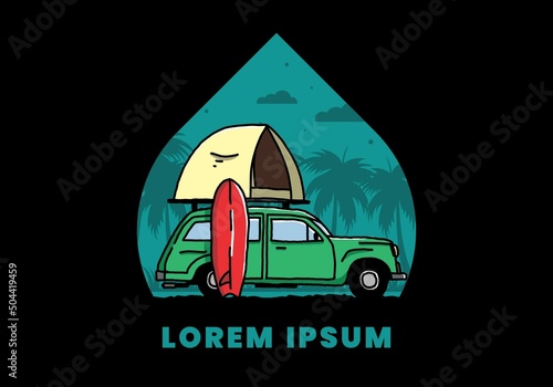 Illustration of car with a roof tent and a surfboard on the side