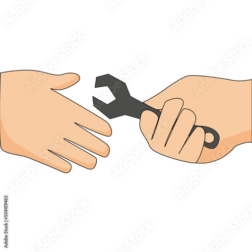 Hand over the spanners tools from engineer.  The concept of repair. 