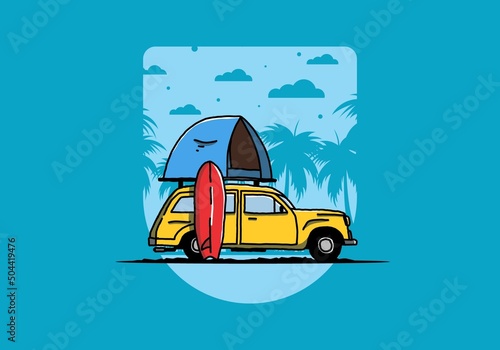 Illustration of car with a roof tent and a surfboard on the side