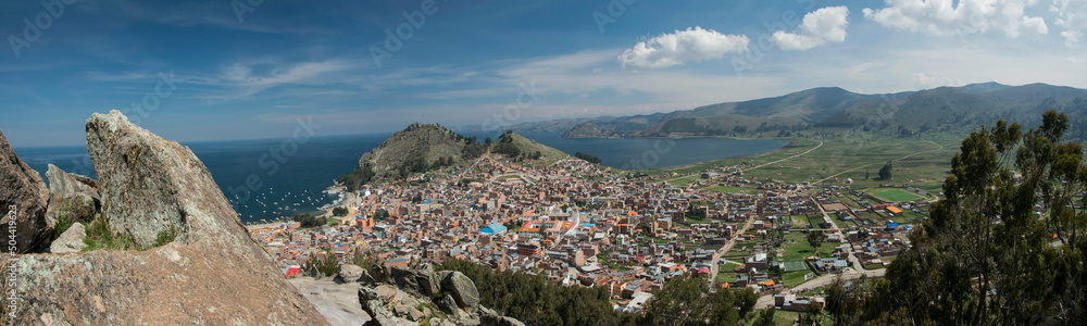 Cityscape of Copacabana city and the Titicaca Lake at sunset