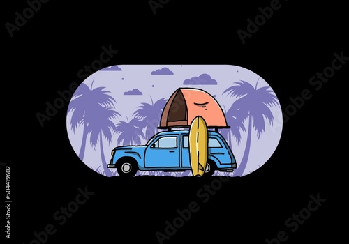 Illustration of car with a roof tent and a surfboard on the side