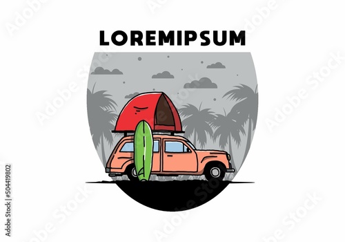 Illustration of car with a roof tent and a surfboard on the side