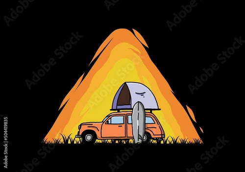 Illustration of car with a roof tent and a surfboard on the side