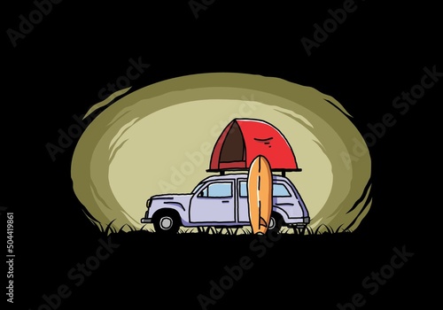 Illustration of car with a roof tent and a surfboard on the side