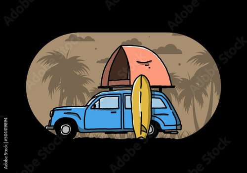 Illustration of car with a roof tent and a surfboard on the side