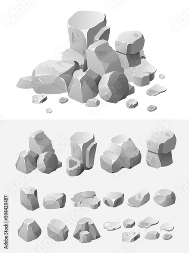 Stones and rocks in isometric 3d flat style.Gray rock stone set cartoon. Set of different boulders.