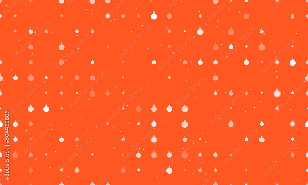 Seamless background pattern of evenly spaced white Christmas tree toys of different sizes and opacity. Vector illustration on deep orange background with stars Seamless background pattern of evenly spaced white Christmas tree toys of different sizes and opacity. Vector illustration on deep orange background with stars