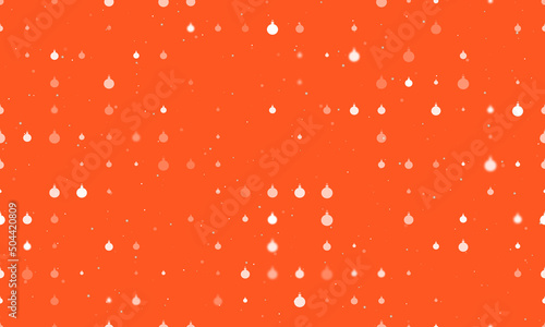 Seamless background pattern of evenly spaced white Christmas tree toys of different sizes and opacity. Vector illustration on deep orange background with stars