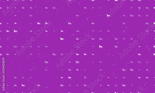 Seamless background pattern of evenly spaced white sleigh symbols of different sizes and opacity. Vector illustration on purple background with stars