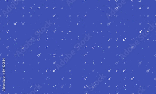Seamless background pattern of evenly spaced white astrological connection symbols of different sizes and opacity. Vector illustration on indigo background with stars