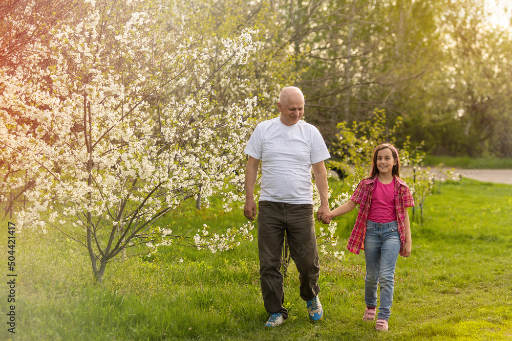 Adorable cute girl and grandfather walk in park. Adorable cute girl and grandfather walk in park.
