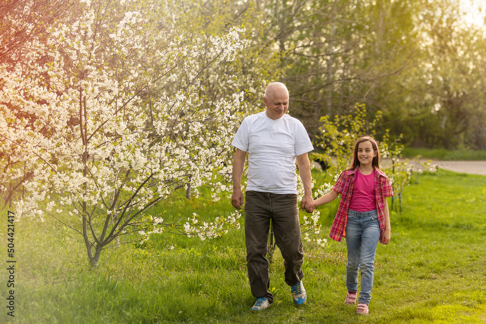 Adorable cute girl and grandfather walk in park.