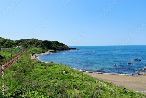 鯨波の海岸線と青い海に空