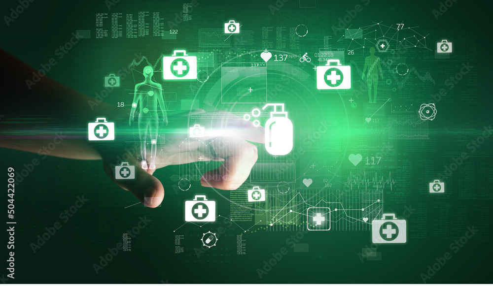 Fototapeta premium Doctor hand pressing futuristic health device with medical symbol on screen