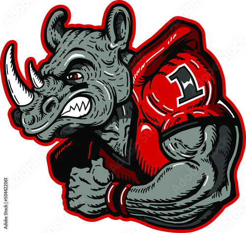 muscular rhino mascot wearing football jersey for school, college or league