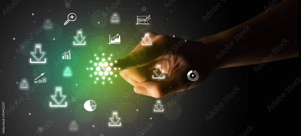 Businessman finger touching on screen multimedia interface with hand drawn currency icons