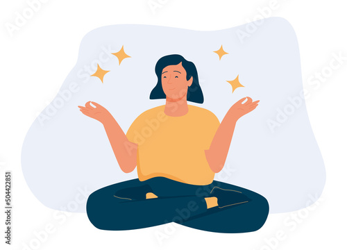 Practicing meditation and healthy lifestyle concept. Young smiling positive girl cartoon character sitting meditating