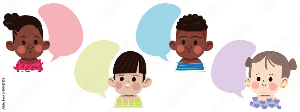 Groupe multiculturel d'enfants de classe maternelle en pleine discussion avec une bulle de conversation, amitié et diversité, école et éducation, illustration de personnages mignons, vecteur éditable Groupe multiculturel d'enfants de classe maternelle en pleine discussion avec une bulle de conversation, amitié et diversité, école et éducation, illustration de personnages mignons, vecteur éditable