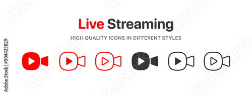 Live streaming icon set. Set of live stream icons. Set of video broadcasting icon.. Button, red symbols for TV, news, movies, shows. Online stream icons.