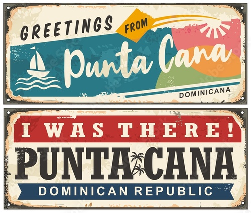 Punta Cana retro greeting card souvenir sign from Dominican Republic. Travel and vacation to tropical destinations vintage signs set. Dominicana  vector illustration.