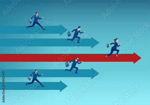 Vector of a winning businesswoman competing against a group of businessman