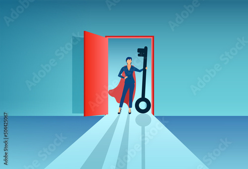 Vector of a super hero businesswoman opening a door with a big key