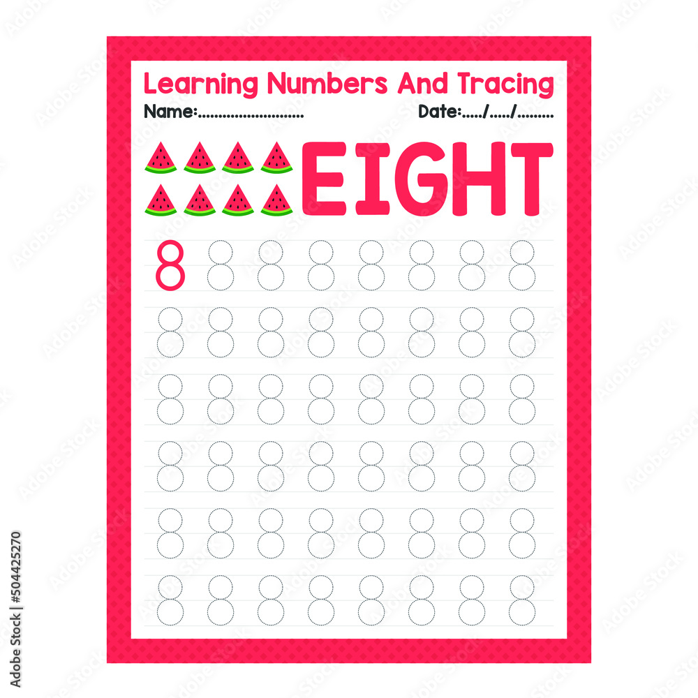 Back To School Learning Number Eight And Tracing Beginning Math Worksheet  For Preschool Kid Activity Sheet Pre K Stock Vector | Adobe Stock